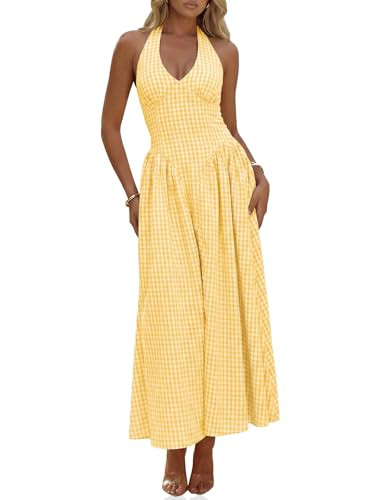 Wenrine Womens Halter V Neck Corset Maxi Dresses Summer Plaid Smocked Tie Back Backless Wedding G... | Amazon (US)
