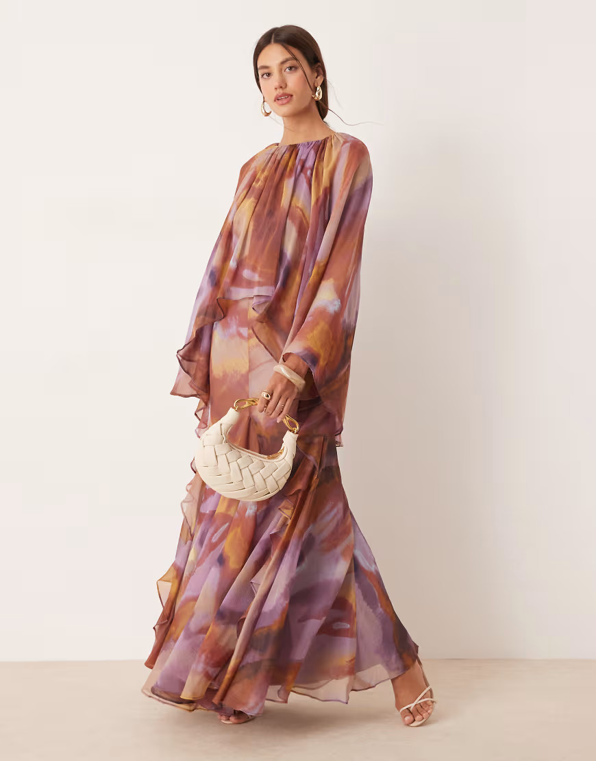ASOS DESIGN trapeze overlay chiffon maxi dress with ruffles in purple abstract print-Multi | ASOS (Global)