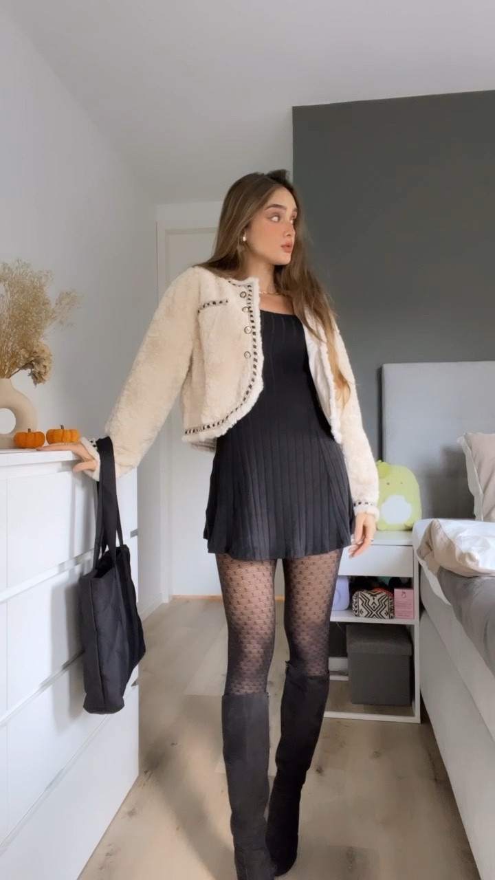 Cute black and beige outfit idea for Autumn/Fall season 🍂💕🛍️at checkout Shein code: sweetinstabella15

pattern tights, black long sleeve dress, heeled fake suede knee high boots, fuzzy teddy beige jacket old money style, black shoulder tote bag 

- autumnoutfitinspo 
- ootdguide 
- autumnoutfits 
- tightsoutfit 
- falloutfitinspo 
- falloutfitideas 
- autumnvibes 
- fallfashion 
- autum date outfit
- black dress
- boots outfit
- pattern tights 


#LTKstyletip #LTKeurope #LTKVideo