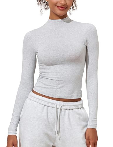 PrettyGuide Cotton Long Sleeve Mock Neck Shirts for Women Tight Fitted Going Out y2k Tops Basic Tee Light Heather Grey S | Amazon (US)