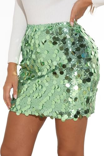 GUANYY Womens Green Sequin Skirt Short Sexy Bodycon Sparkly Sequence Skirts Concert Party Night Out Light Green X-Small | Amazon (US)