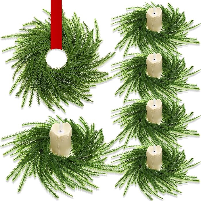 4 Pcs Mini Wreaths for Cabinets, 9.8 Inch Christmas Norfolk Pine Candle Rings, Artificial Small W... | Amazon (US)