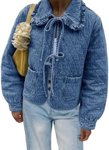 Tankaneo Womens Quilted Denim Puffer Jackets Tie Front Bow Cropped Puffy Jackets Fall Cute Short ... | Amazon (US)