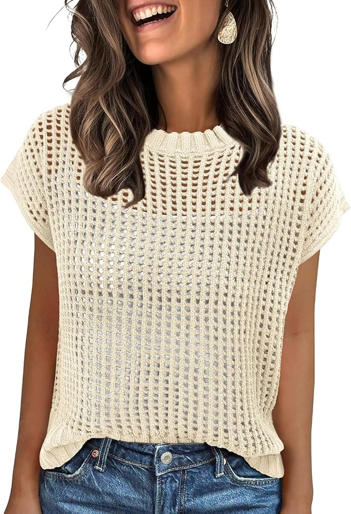 ANRABESS Womens Summer Crochet Sweater Tops Casual Cap Short Sleeve Hollow Out Mesh Knit Beach Co... | Amazon (US)