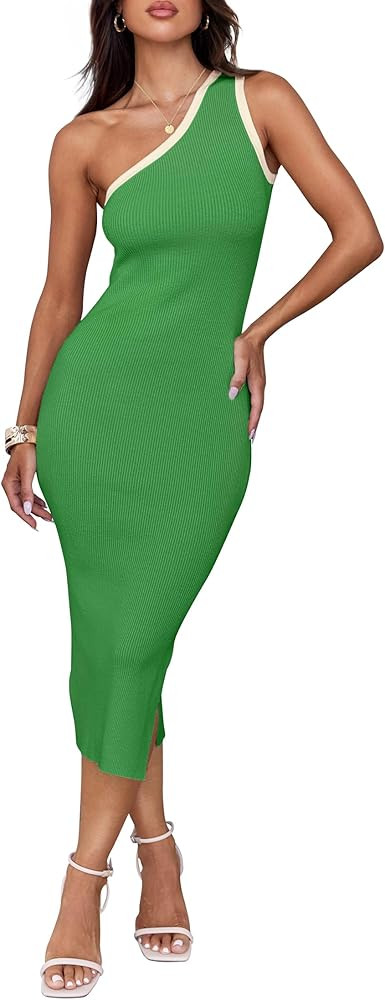 ZESICA Women's Summer One Shoulder Bodycon Midi Dresses 2024 Casual Sleeveless Ribbed Knit Side S... | Amazon (US)