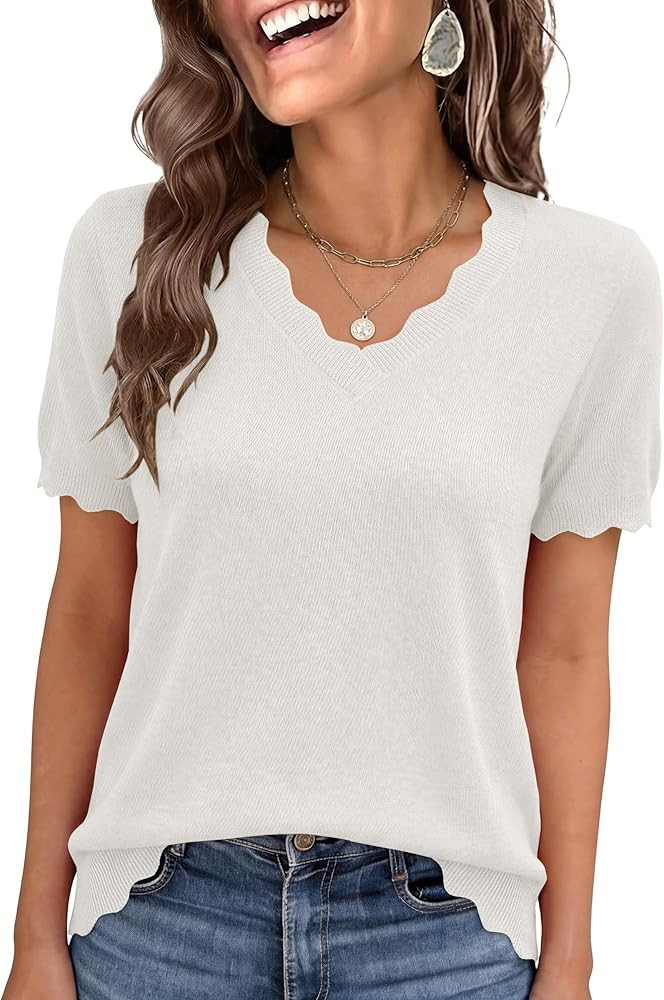 ANRABESS Short Sleeve Sweater for Women V Neck Ribbed Knit Lightweight Sweaters Top 2026 Summer B... | Amazon (US)