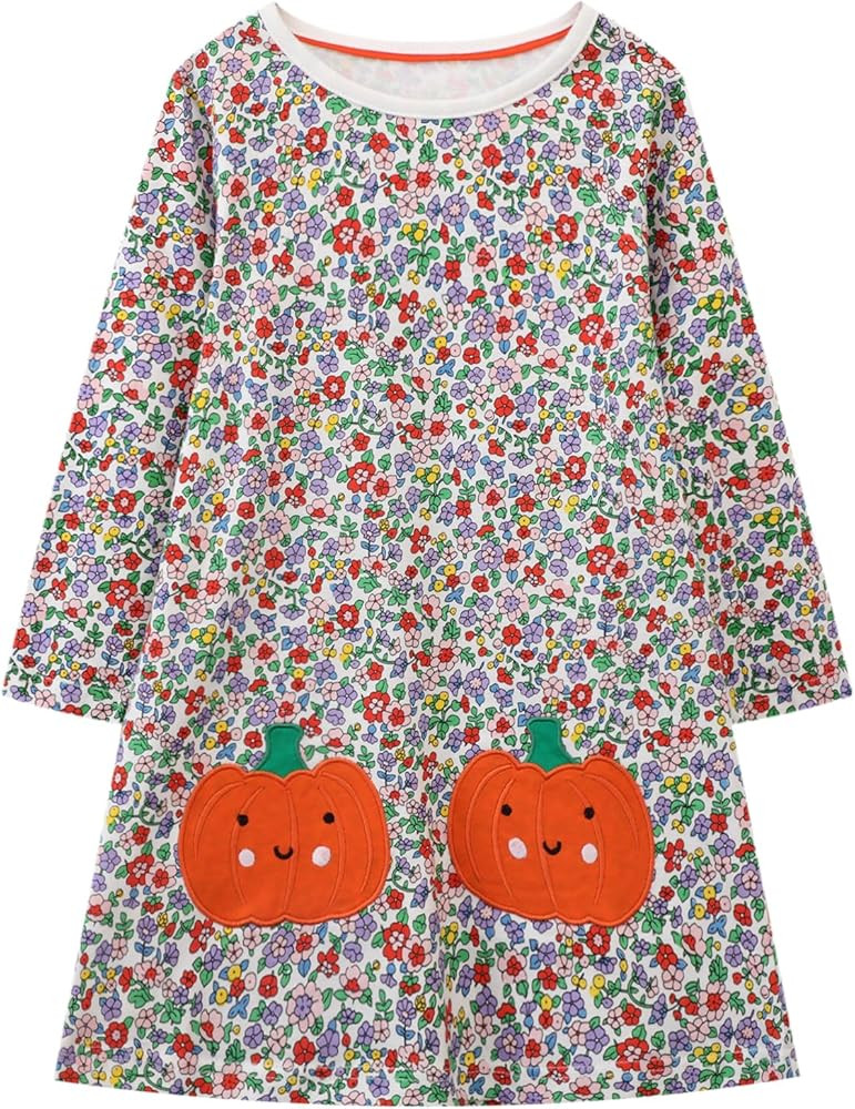 HILEELANG Girl Long Sleeve Dress Cotton Casual Applique Christams Tunic Shirt Clothes | Amazon (US)