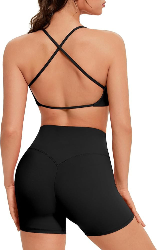 OMKAGI Workout Sets for Women Open Back Strappy Sports Bra Booty Biker Shorts Gym Outfits | Amazon (US)