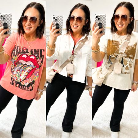 Styling these new $9.98 graphic tees from Walmart!  XL in the Beatles one and XXL in The Rolling Stones one. XL leggings. XL cropped button down. Love these styled with one of my new crossbody bag favorites!  

#walmartpartner
#walmartfashion
@walmartfashion

#LTKmidsize #LTKSeasonal #LTKfindsunder50