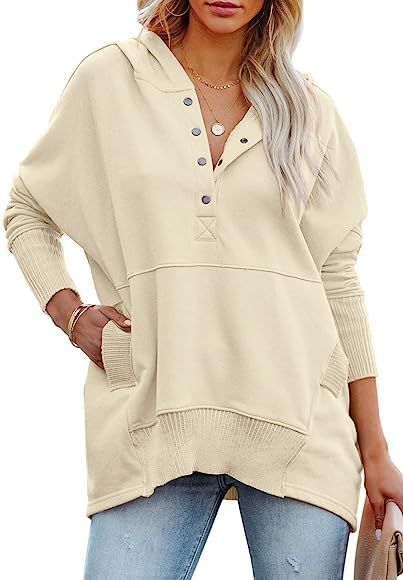 PRETTYGARDEN Womens Oversized Button Pullover Long Sleeve Fall Sweatshirt V Neck Hoodies Pullover... | Amazon (US)