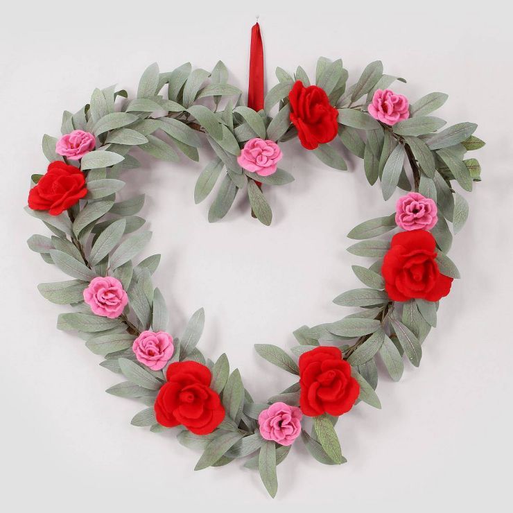 19.5" Artificial Botanical Heart Shaped Valentine's Day Wreath with Pink & Red Felt Roses - Sprit... | Target