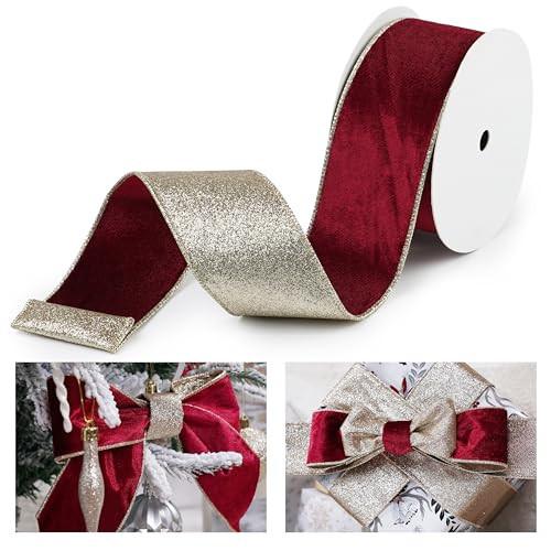 LIZLOVESS Burgundy Velvet Wired Ribbon with Glitter Back 2.5 Inch Burgundy and Gold Christmas Ribbon Wired Ribbon for Christmas Tree, Gift Wrapping, Mantel, Wreaths Supplies, Topper Bows (10 Yards) | Amazon (US)