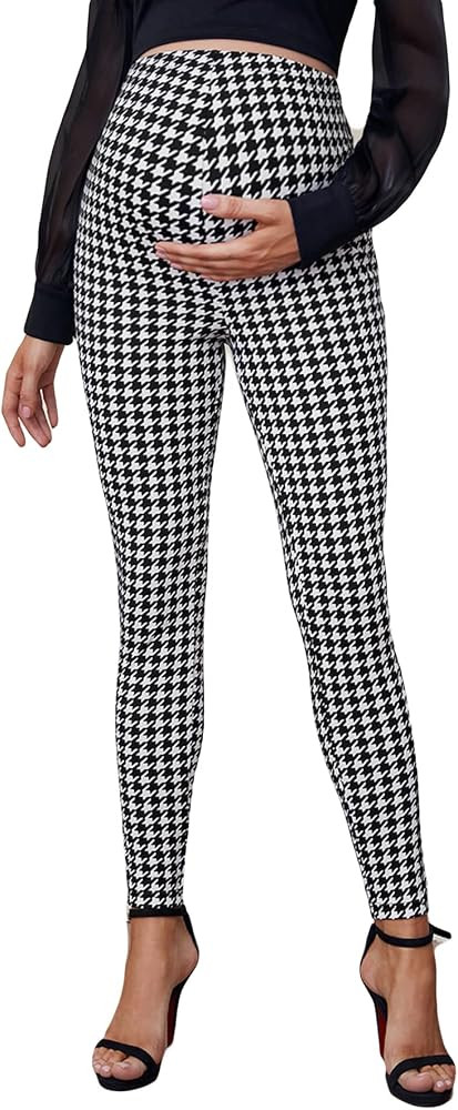 Floerns Women's Houndstooth Print Leggings Pregnancy Elastic Waist Skinny Pants | Amazon (US)
