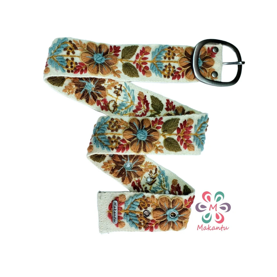 Peruvian Embroidered Belt, Handmade Embroidery, Ivory Belt, Beige Flower, Artistic Floral, Ethnic... | Etsy (US)