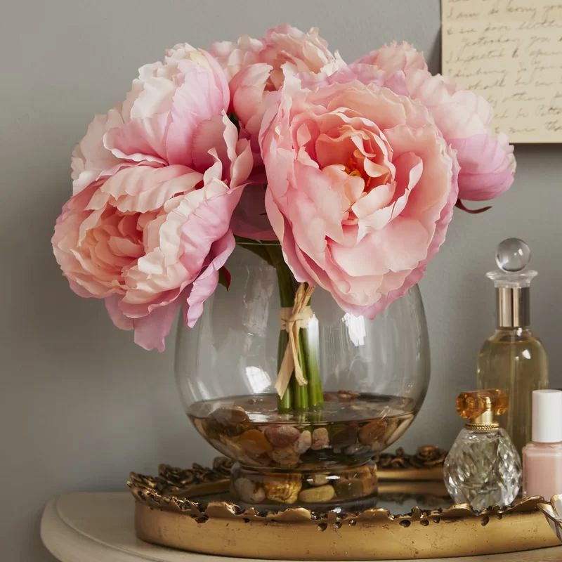 Peonies in a Glass Vase with River Rocks and Faux Water | Wayfair North America