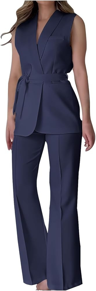 HGps8w Two Piece Outfits for Women Dressy Blazer Sets Sleeveless Belted Suit Vest & Pencil Pants ... | Amazon (US)