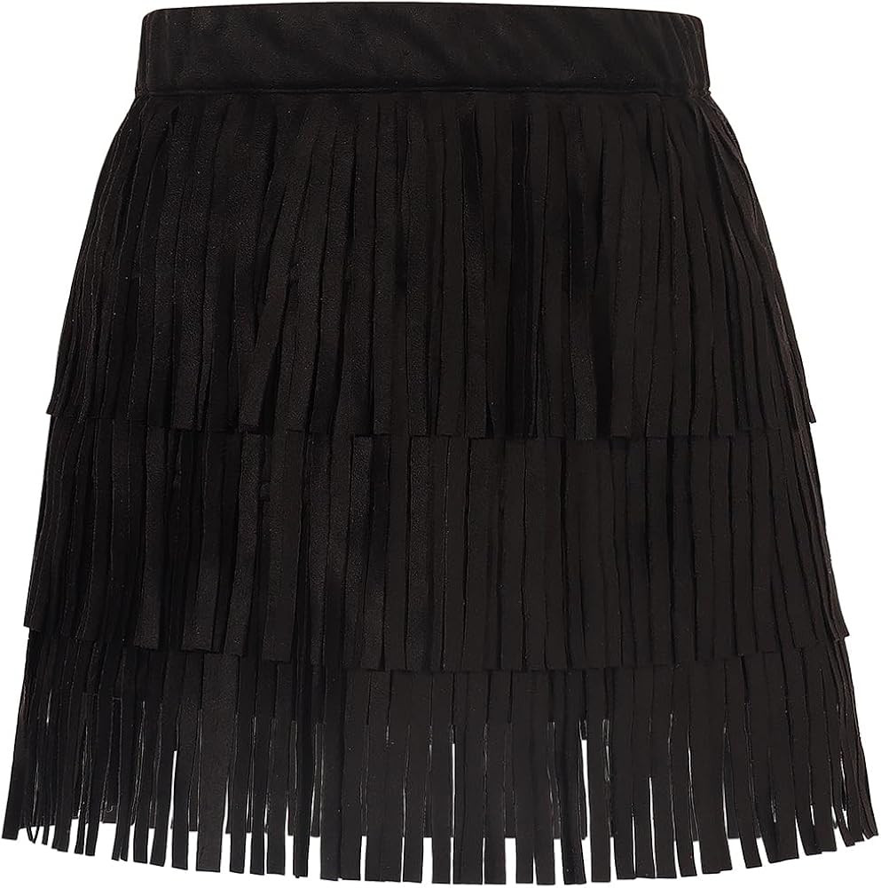 Noomelfish Girls and Women Suede Fringe Skirt Boho Tassel Layered Ruffle Skirt | Amazon (US)