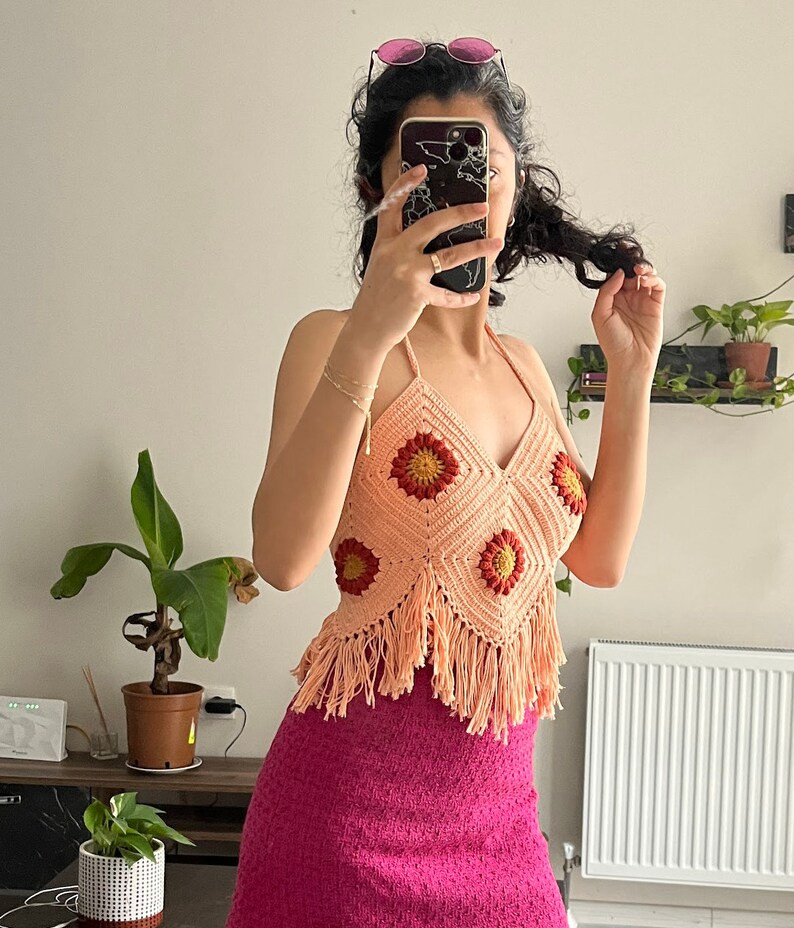 Boho Floral Fringe Top Cotton Sunflower Pattern Crop Top for Adults Boho Crochet Beach Summer Wea... | Etsy (US)