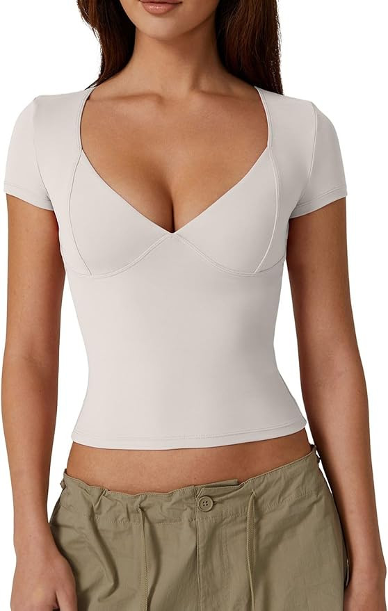 QINSEN Women's V Neck Short Sleeve T Shirts Double Lined Tee Seamed Cup Going Out Tops | Amazon (US)
