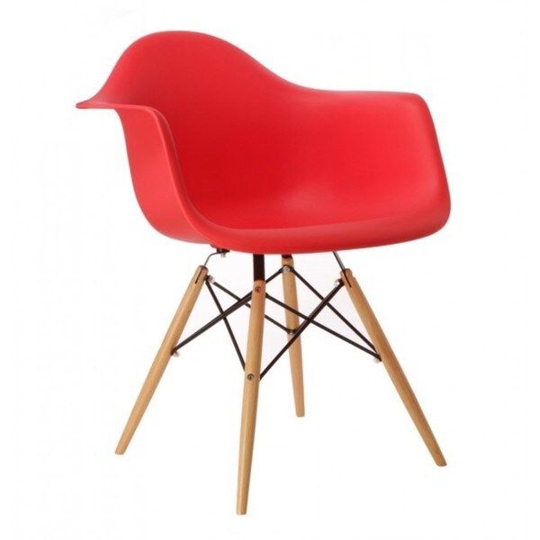 Contemporary Retro Molded Eames Style Red Accent Plastic Dining Armchair with Wood Eiffel Legs (Set of 1) | Bed Bath & Beyond