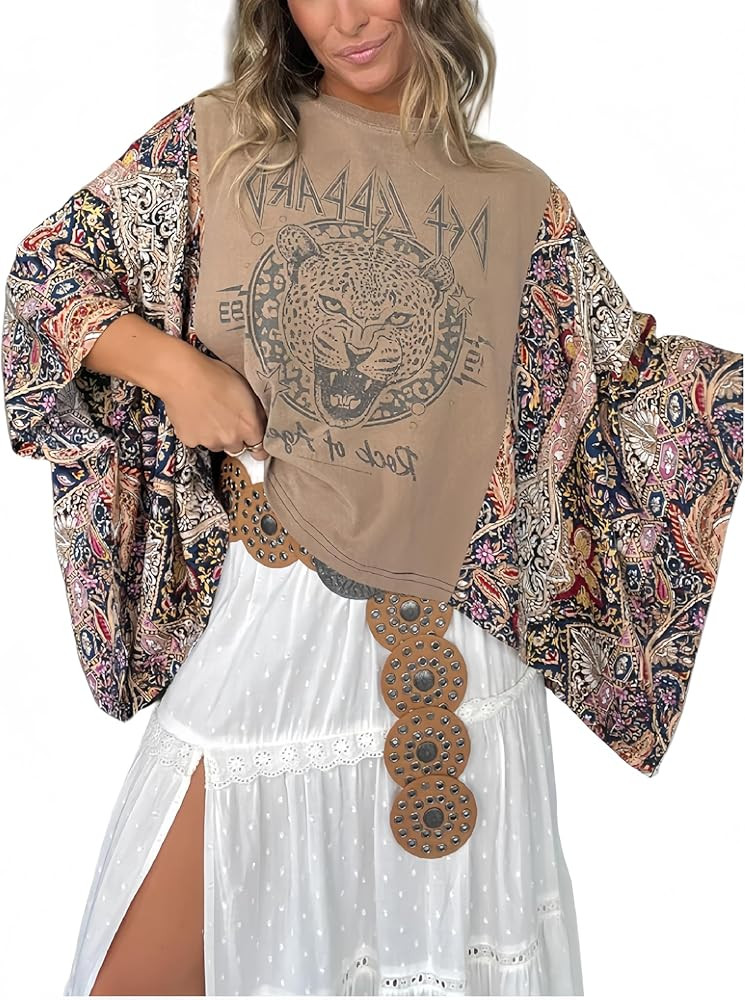 Women's Floral Print Batwing Sleeve Top Loose Fit Round Neck Casual Blouse Boho Chic Flowy Tunic ... | Amazon (US)