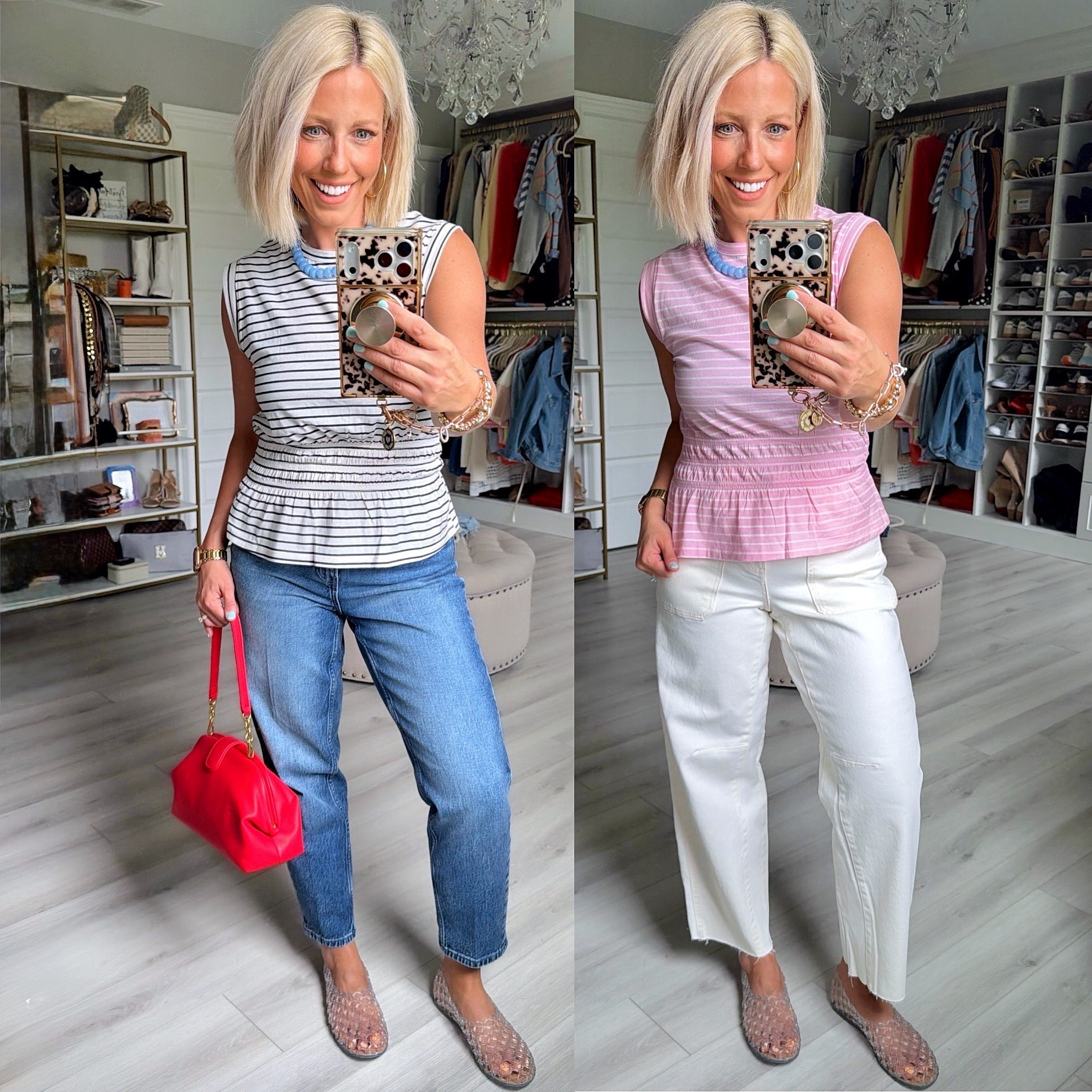 POV: you went into Walmart for one thing and left with the cutest summer top 🤍☀️ These striped sleeveless tees with the scrunch detail are giving effortless mom style, boutique vibes, and comfy everyday fashion all in one. Perfect with denim shorts, white jeans, or layered under a cardi for chilly summer nights ✨ 
⬇️⬇️⬇️
Tops size small
Jeans size 4
White denim jeans sized down to a 2
#WalmartFinds #WalmartFashion #SummerStyle #AffordableFashion #MomStyle #CasualChic #PeplumTop #StripedTop #SummerOutfits #EverydayStyle #FashionFinds

#LTKSeasonal #LTKmomlife #LTKootd