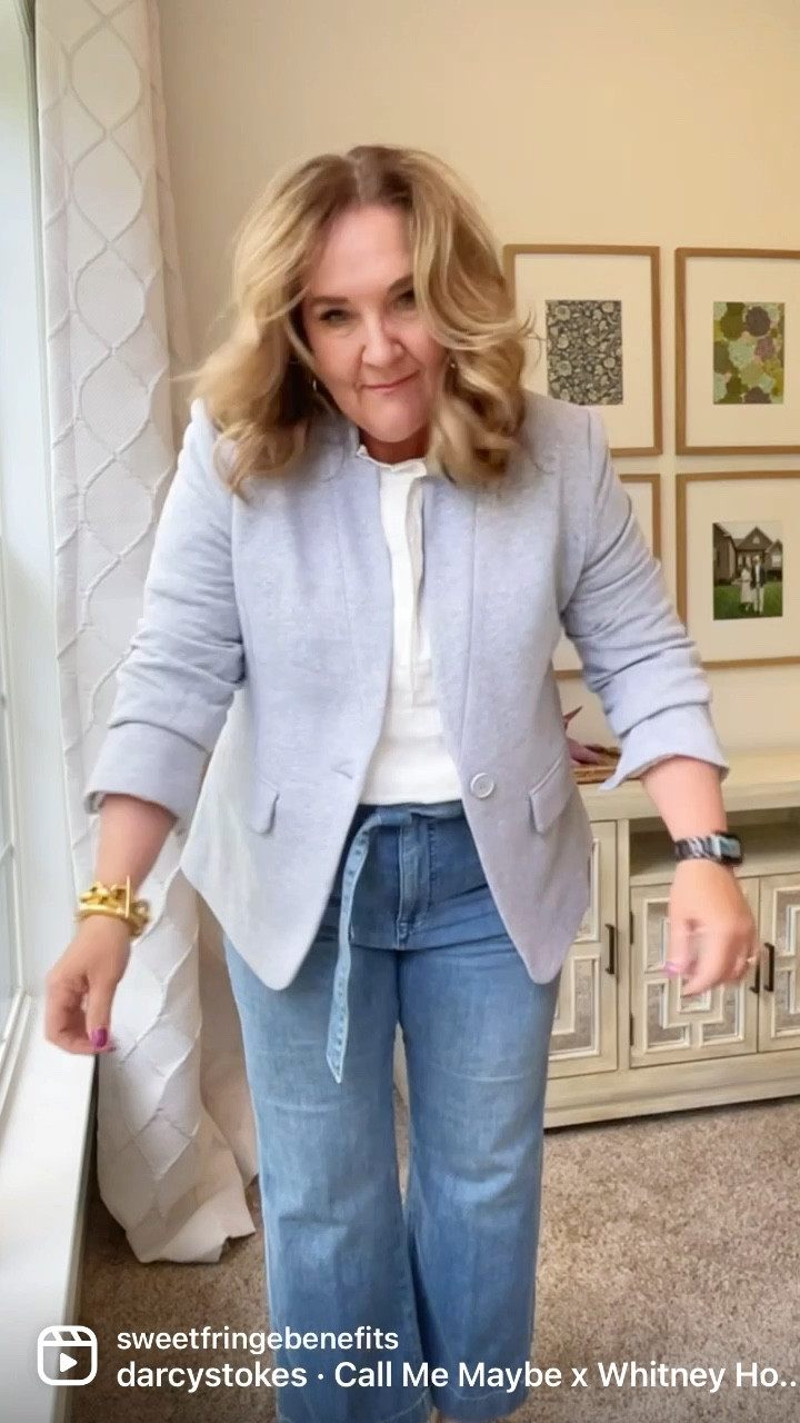 Blazer and blouse 20% off with code NANETTE20. Im in the gray blazer. Reads pale blue but it’s heathered grey. Wearing an XL
Blouse sizeL
Jeans size 31. Run big. 
Casual work outfit

#LTKunder100 #LTKworkwear #LTKsalealert