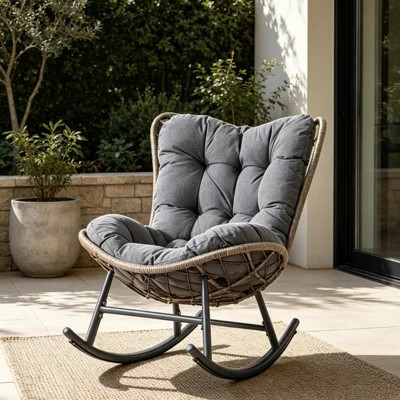 Outdoor Wicker Rocking Chair With Cushions, Metal Frame Patio Rocker Chair With Fixed Seat Cushion & Safety Stop, Porch / Garden / Patio | Wayfair North America