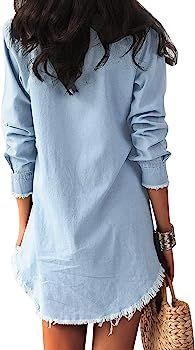 Women Denim Shirt Dress Button Down Distressed Loose Tunic Dress | Amazon (US)