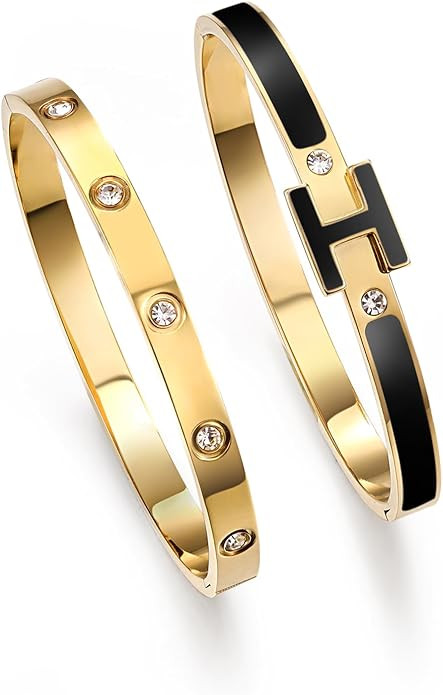 14K Gold Plated Love and H Bangle Bracelet Stackable Stainless Steel Bracelets Set for Women Tren... | Amazon (US)