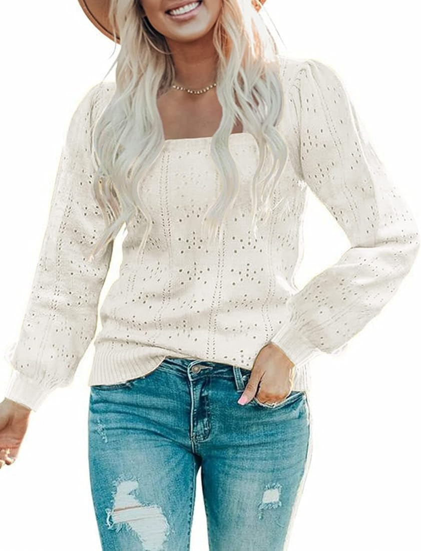Womens Long Puff Sleeve Square Neck Pointelle Knit Pullover Sweater Soft Cute Tunic Tops | Amazon (US)