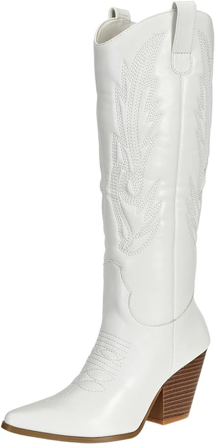 SheSole Women's Cowgirl Cowboy Boots Knee High Pointed Toe Country Western Shoes Black White | Amazon (CA)