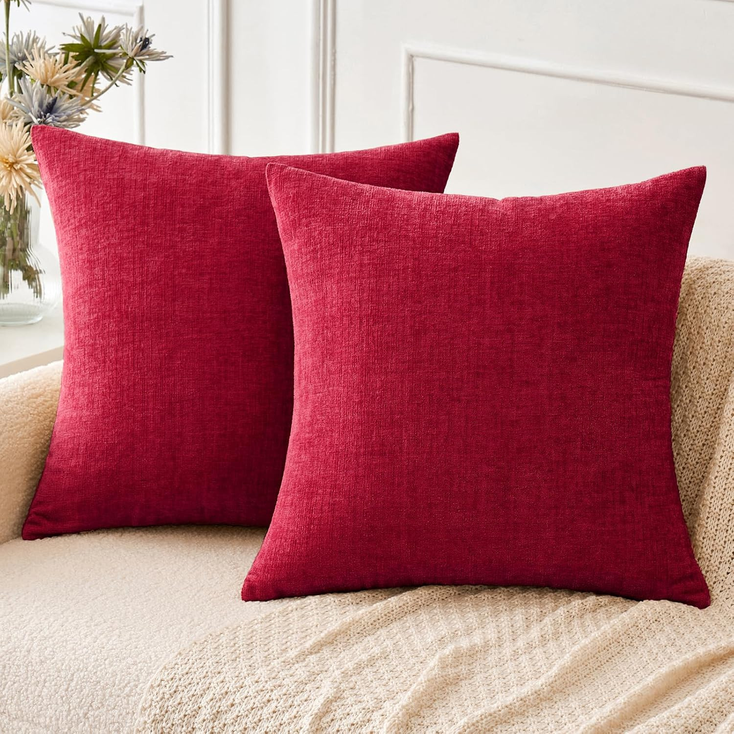 MIULEE Soft Chenille Throw Pillow Covers Red 18x18 Inch Pack of 2 | Amazon (US)