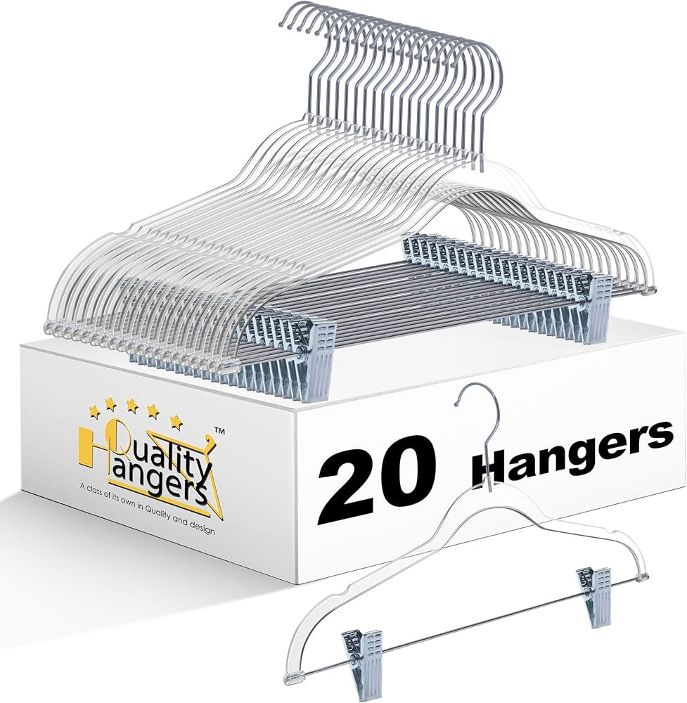 Clear Plastic Pants Hangers with Clips 20 Pack | Heavy Duty Skirt Hangers Swivel Hook and Notches... | Amazon (US)