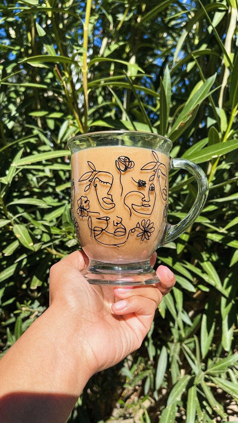 Abstract faced glass mug, aesthetic glass mug, iced coffee glass mug, ready to ship | Etsy (US)