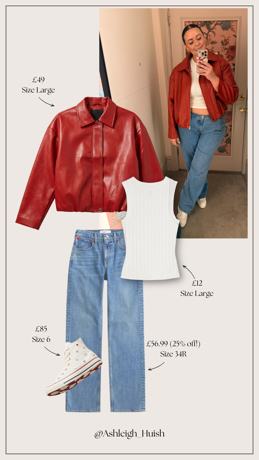 OOTD! Wearing a size Large in the River Island faux Leather Collared Bomber, Size Large in the White Tank Top, Size 34 Regular in the Abercrombie Jeans and Size 6 in Converse. 

 #LTKXAbercrombieDenim #LTKuk #LTKjeans