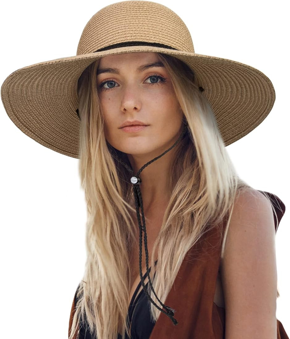 Womens Sun Hat Wide Brim Foldable Beach Hats for Women UV Protection Summer Straw Hat with Wind L... | Amazon (US)