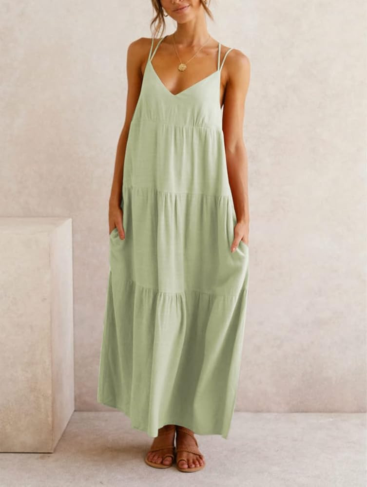 Febriajuce Women’s Summer Maxi Dress Casaul Spaghetti Straps Solid V-Neck Backless Cami Dresses with | Amazon (US)
