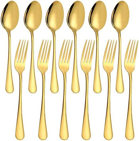 Set of 12, Gold Plated Stainless Steel Dinner Forks and Spoons, findTop Heavy-duty Forks (8 Inch) an | Amazon (US)