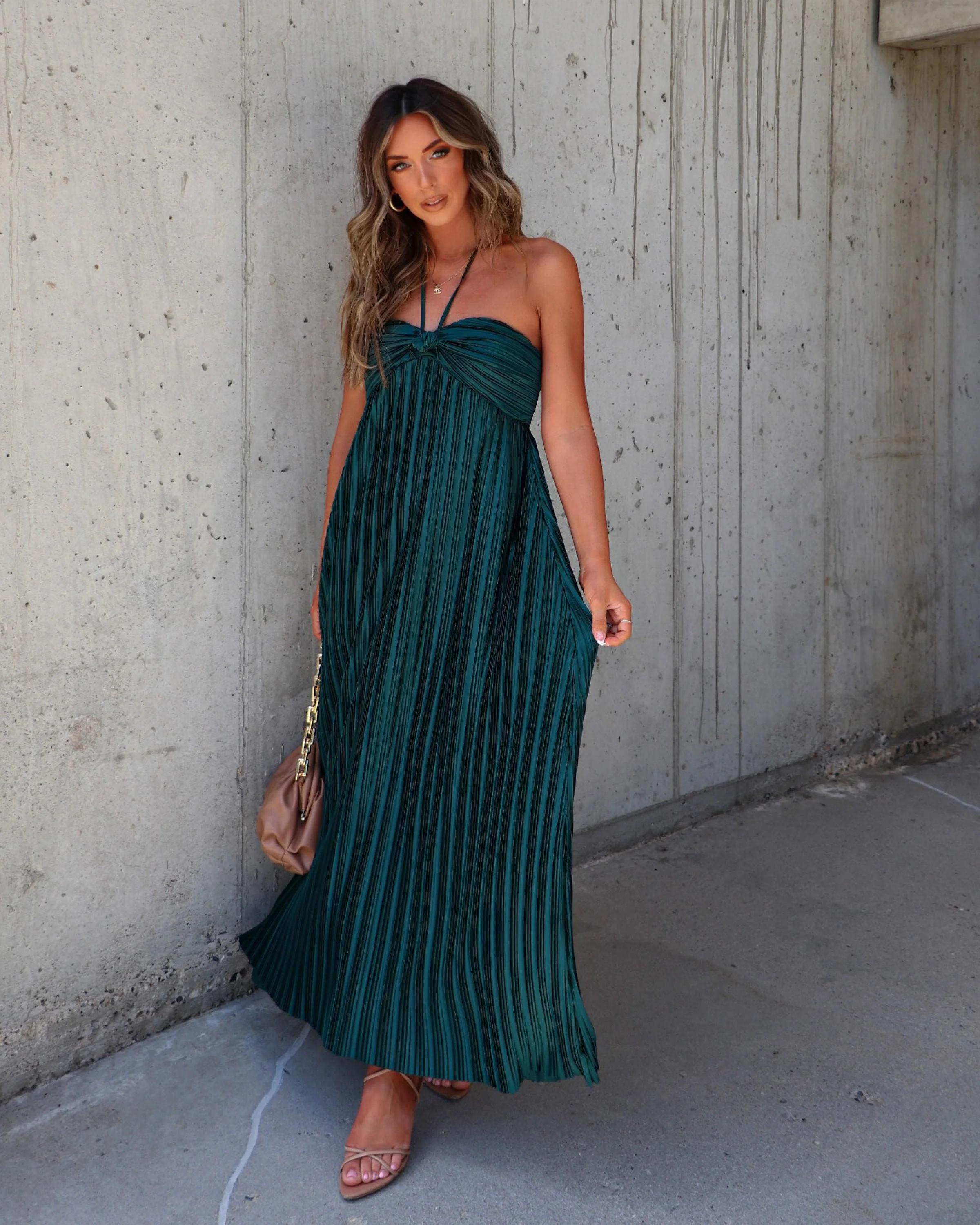 Raise A Toast Satin Plisse Halter Maxi Dress | VICI