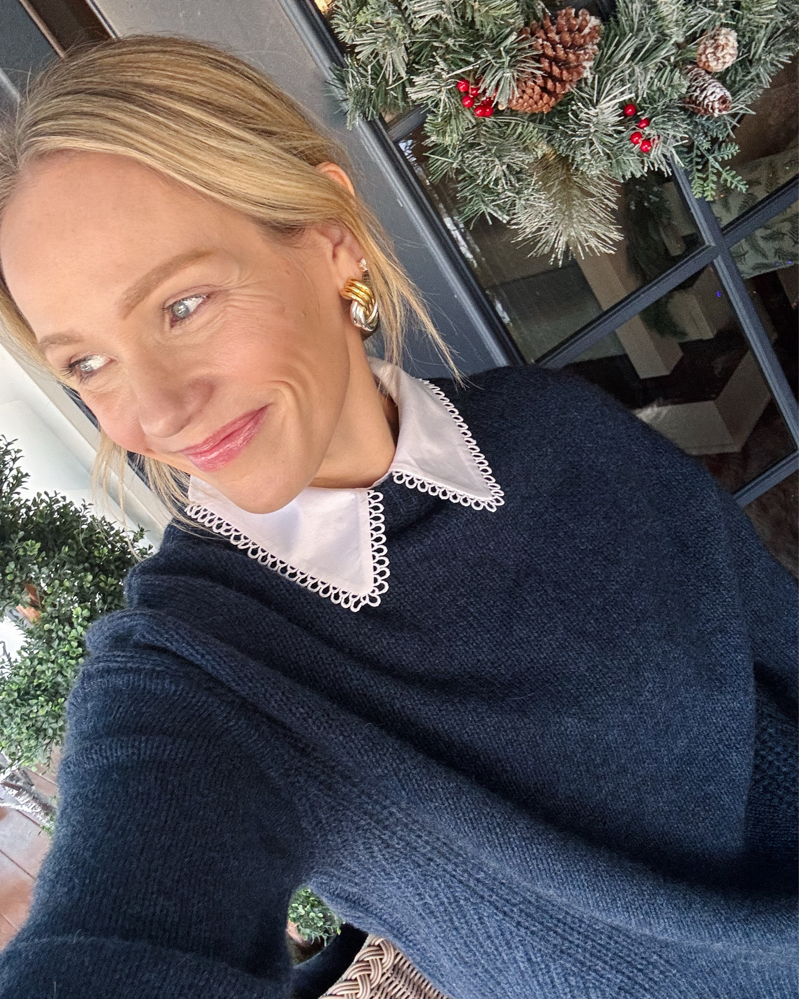 Wearing my regular size small in Quince Yak sweater, Sezane flats are true to size and very comfortable, The Horse crossbody tote bag, Heaven Mayhem mixed metal knot earrings, ME&EM sleeveless layering button down wearing my regular size 4 xo, Claire 

#LTKSeasonal #LTKOver40 #LTKFindsUnder100