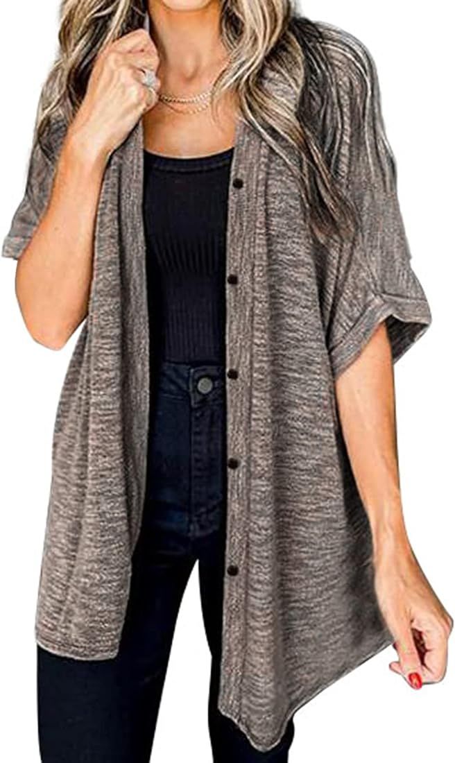 Hibluco Womens Casual Fall Cardigans 3/4 Sleeve Drape Button Jackets Sweaters | Amazon (US)