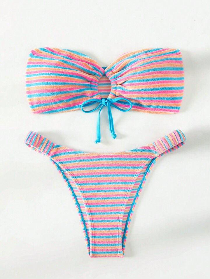 Swim Mod Summer Beach Striped Drawstring Bandeau Bikini Set | SHEIN