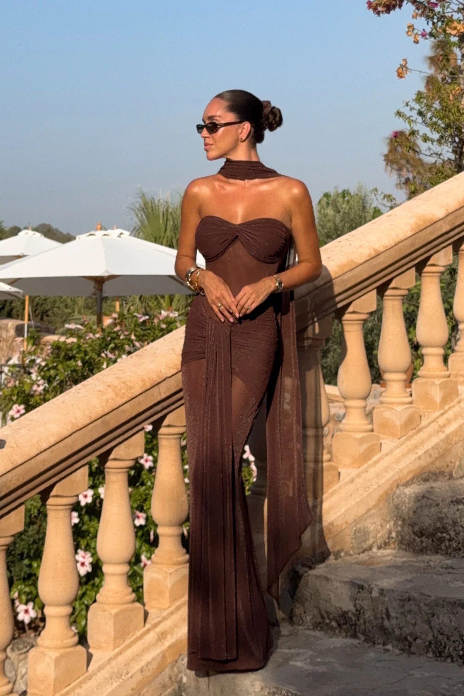 Ursa | Brown Bandeau-Neck Maxi Dress With Scarf Detail And Gathered Detailing | Club L London