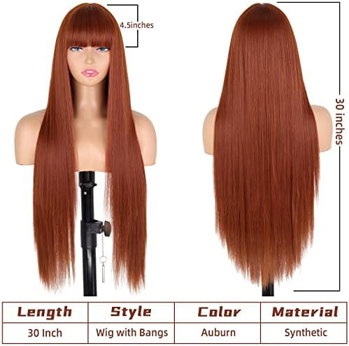MISSQUEEN 30inch Long Auburn Wig with Bangs Straight Dark Ginger Wigs for Women Synthetic Long Aubur | Amazon (US)