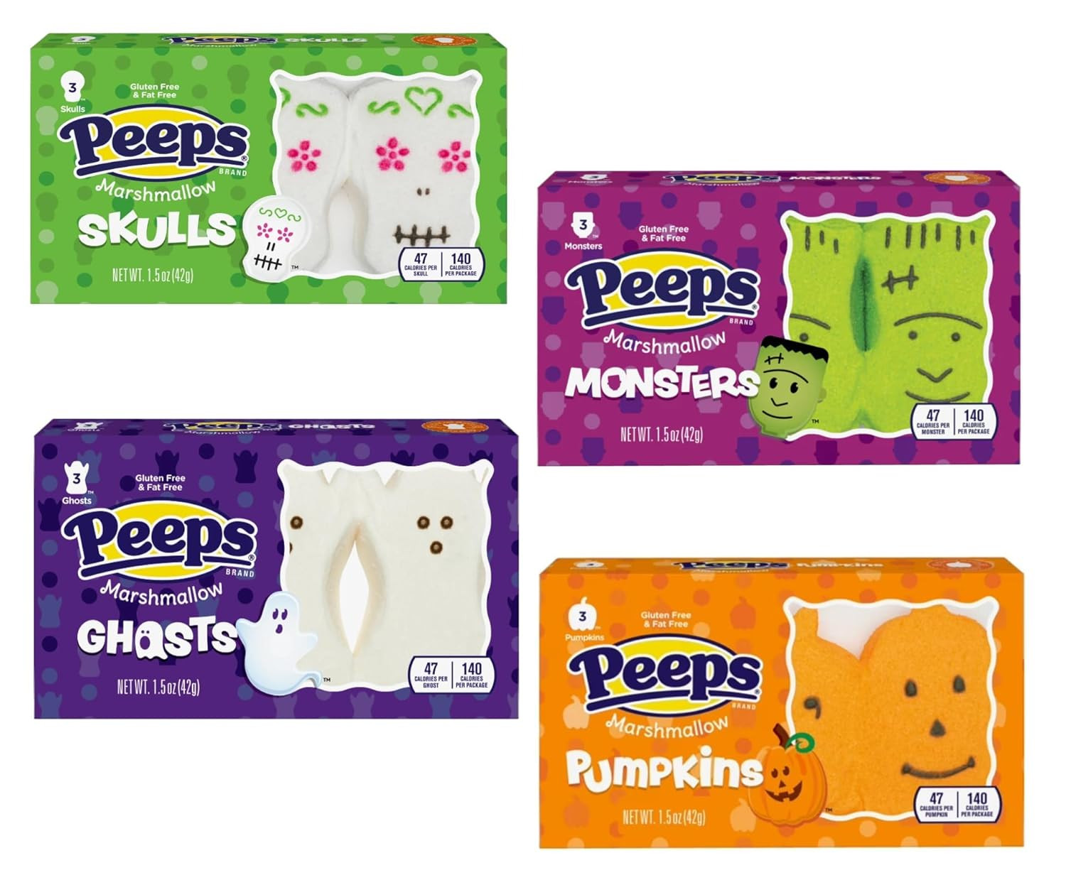 Peeps Halloween Peep Variety Pack of Marshmallows, Delicious Classic Treats with One Packet Each, Skulls, Pumpkins, Monsters and Ghosts (Pack of 4) | Amazon (US)