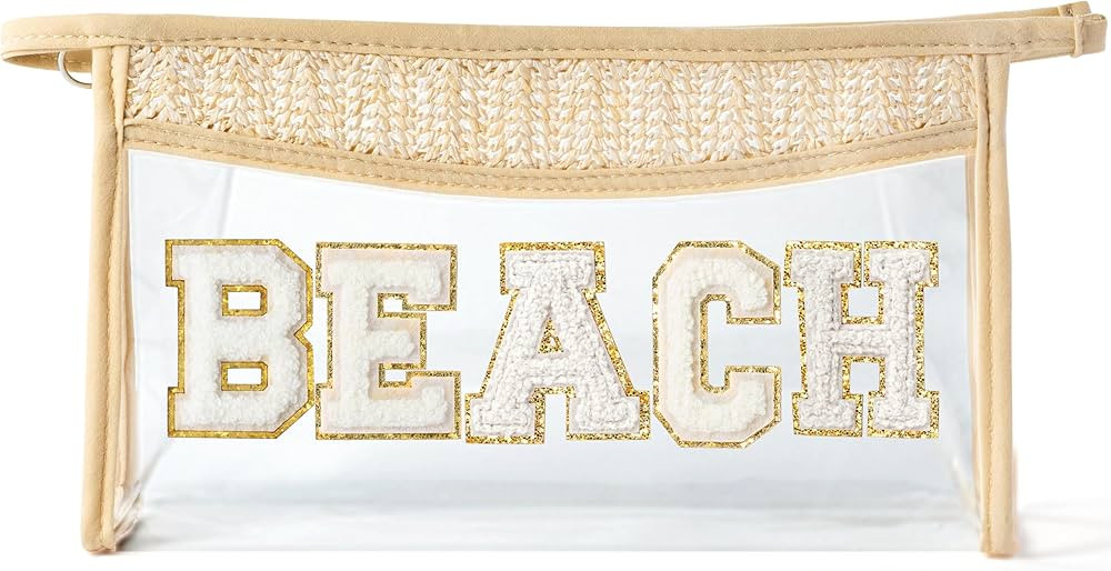 Belanttega Boho Patch Cosmetic Bag - Summer BEACH Chenille Varsity Letter Toiletry Bag Beige Clea... | Amazon (US)