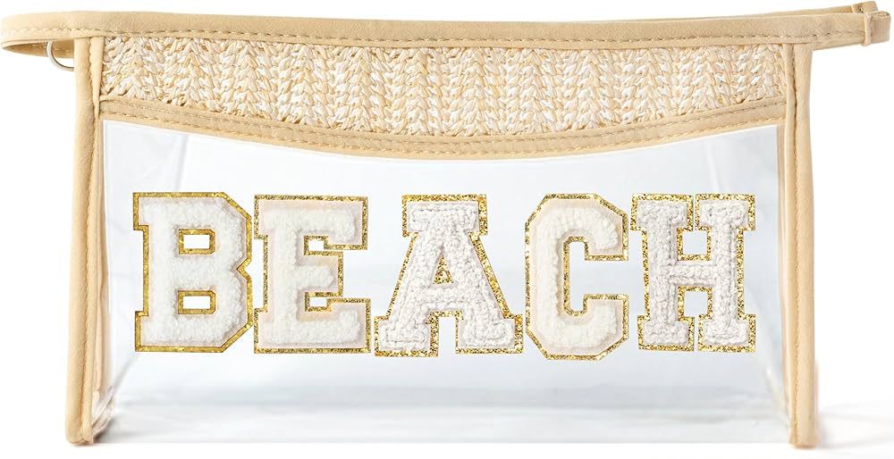 Boho Patch Cosmetic Bag - Summer BEACH Chenille Varsity Letter Toiletry Bag Beige Clear Waterproo... | Amazon (US)