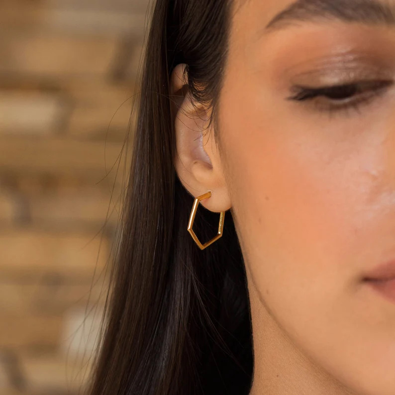 Hexagon Hoop Earrings - Gold Hexagon Studs - Gold Plated Geometric Earrings - Minimalist Earrings... | Etsy (US)