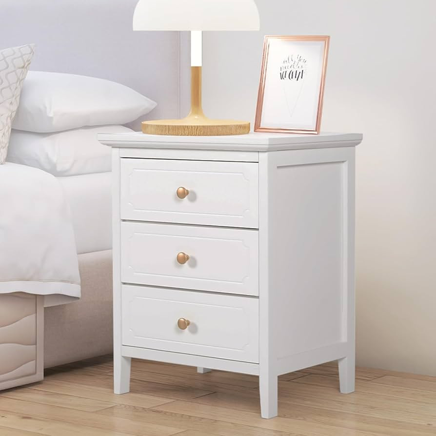 3 Drawer White Nightstand Wooden Large Night Stands with Gold Handle 19 Inch Modern Bedside Table... | Amazon (US)